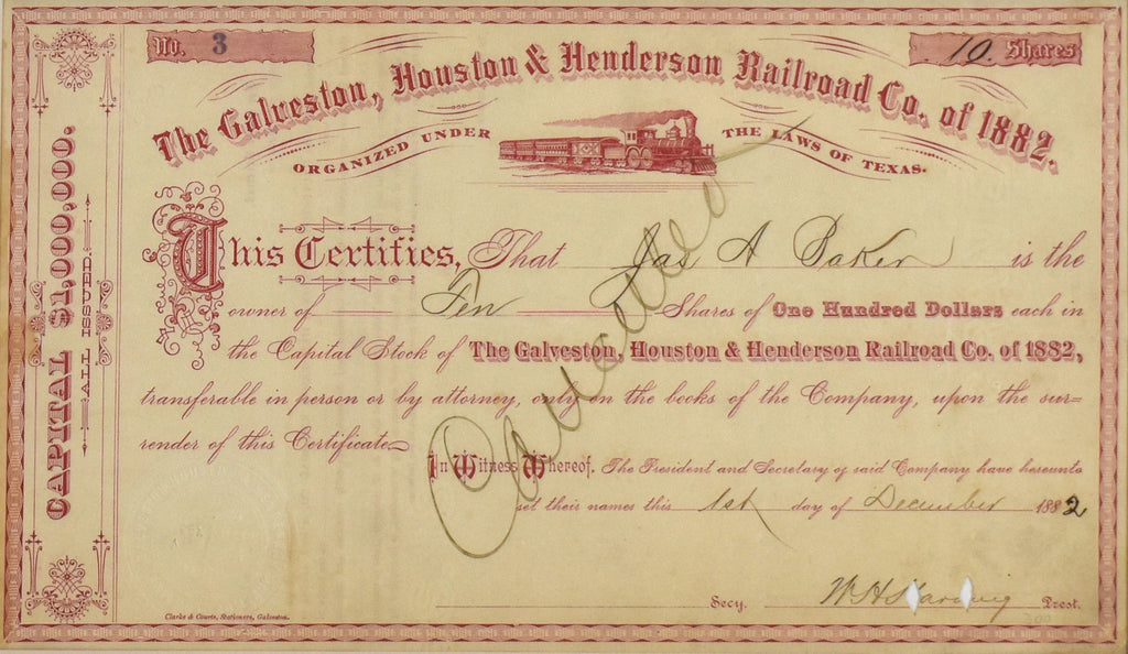 The Galveston, Houston & Henderson Railroad Co Stock Certificate: 1882