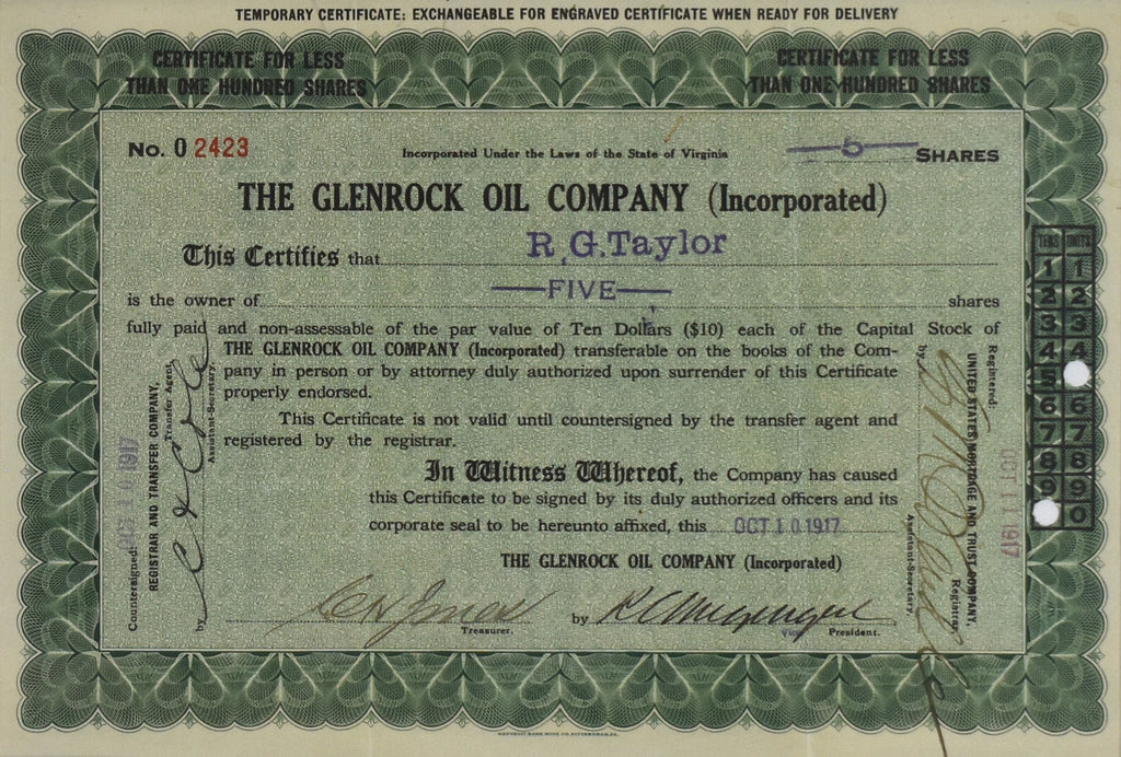 The Glenrock Oil Company Stock Certificate: 1917